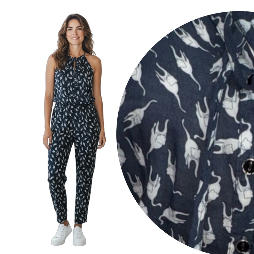 Display Paris Navy Blue Cat Printed Jumpsuit Rayon Small